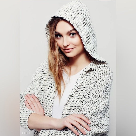 Free People Knit Hooded Fringe Cardigan‎ Sweater Ivory Black – Size M - Picture 3 of 13